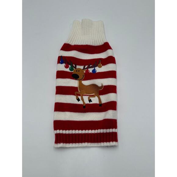 Striped Red & White Dog Sweater With Reindeer Design - Picture 1 of 4